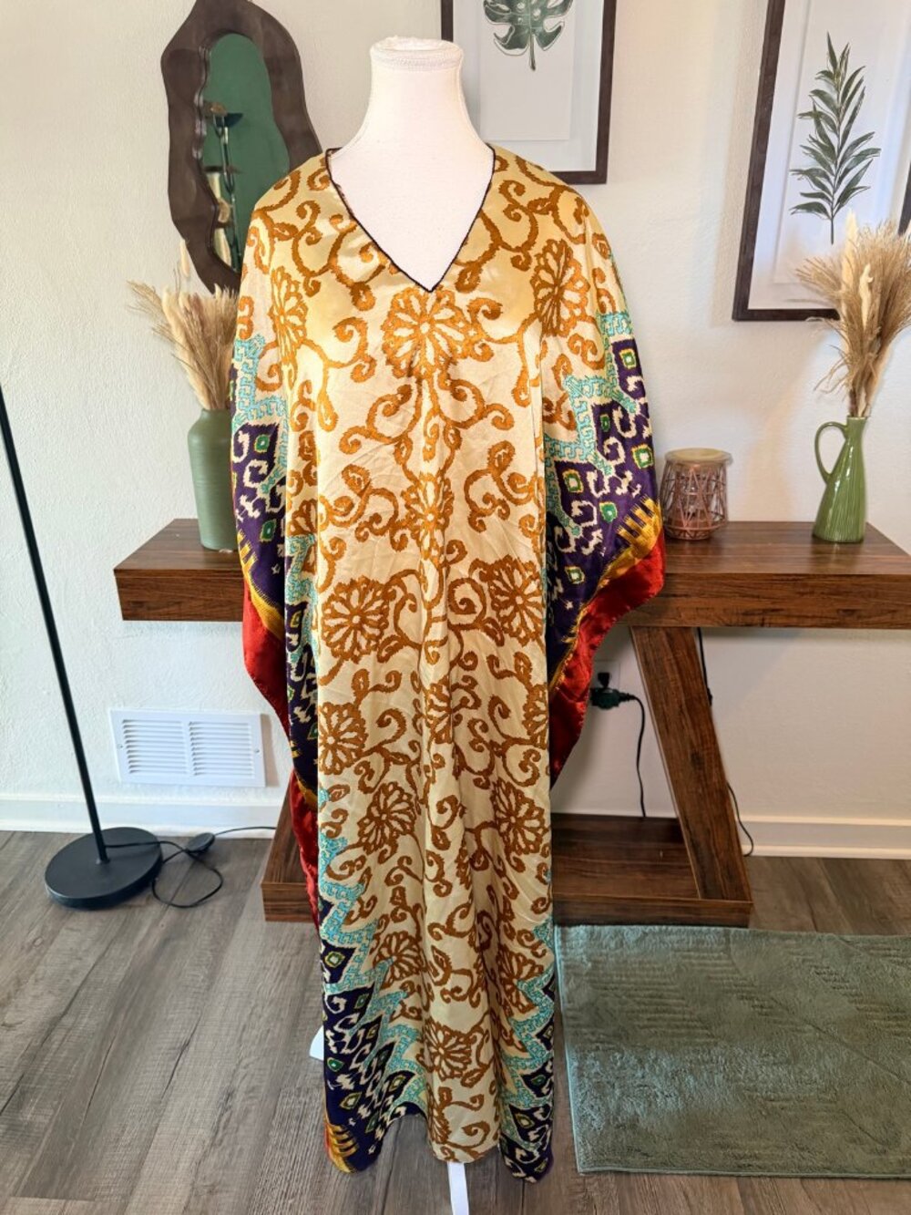Winlar Kaftan One Size Gold Purple Ikat Print Maxi Dress Caftan Lounge OS